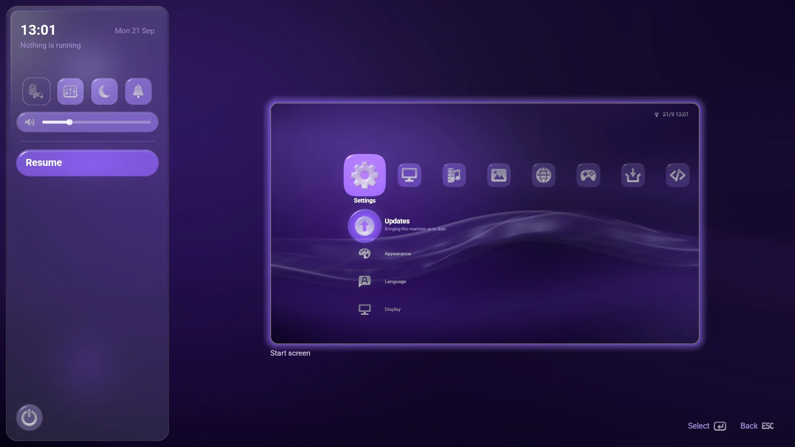 The guide open on the left of the screen, with the time, quick tiles, a volume bar and a Resume button, beside a card of the start screen