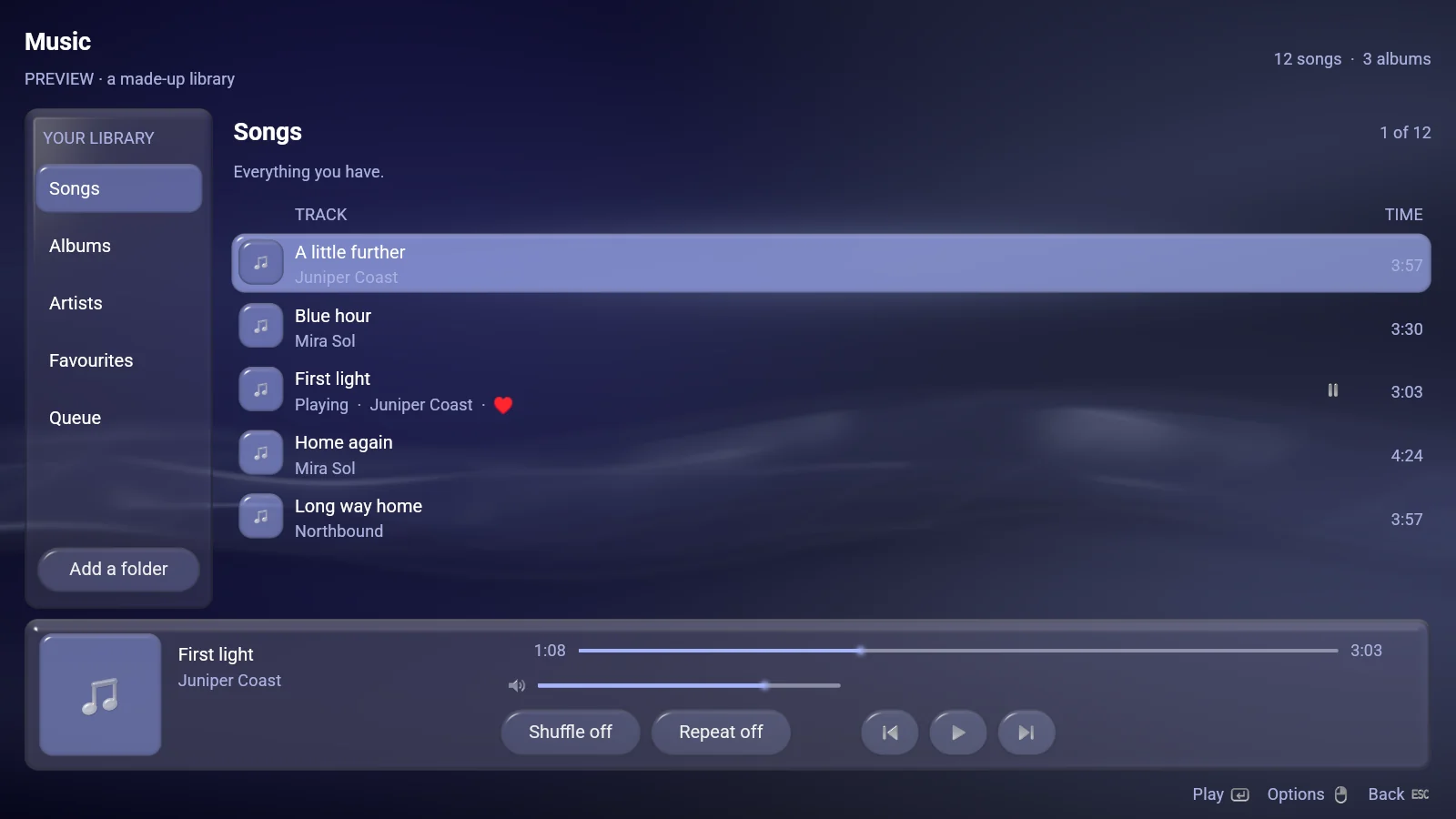 SongOnSole's library of songs with the now-playing row along the bottom