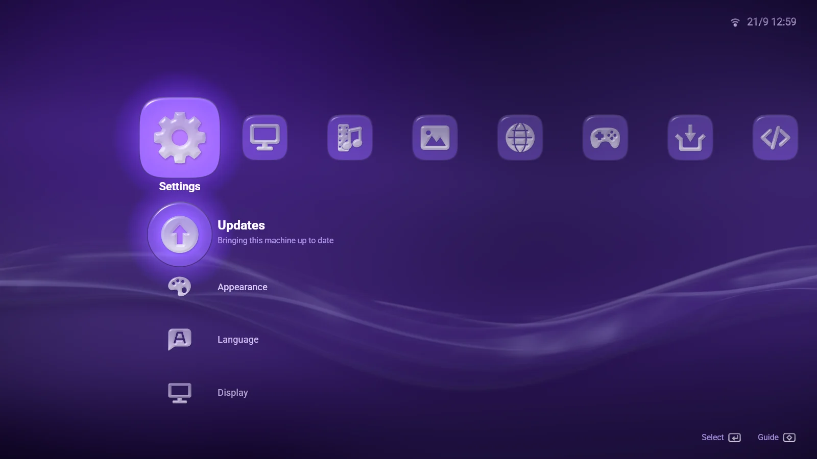The Settings column with Updates lit, followed by Appearance, Language and Display