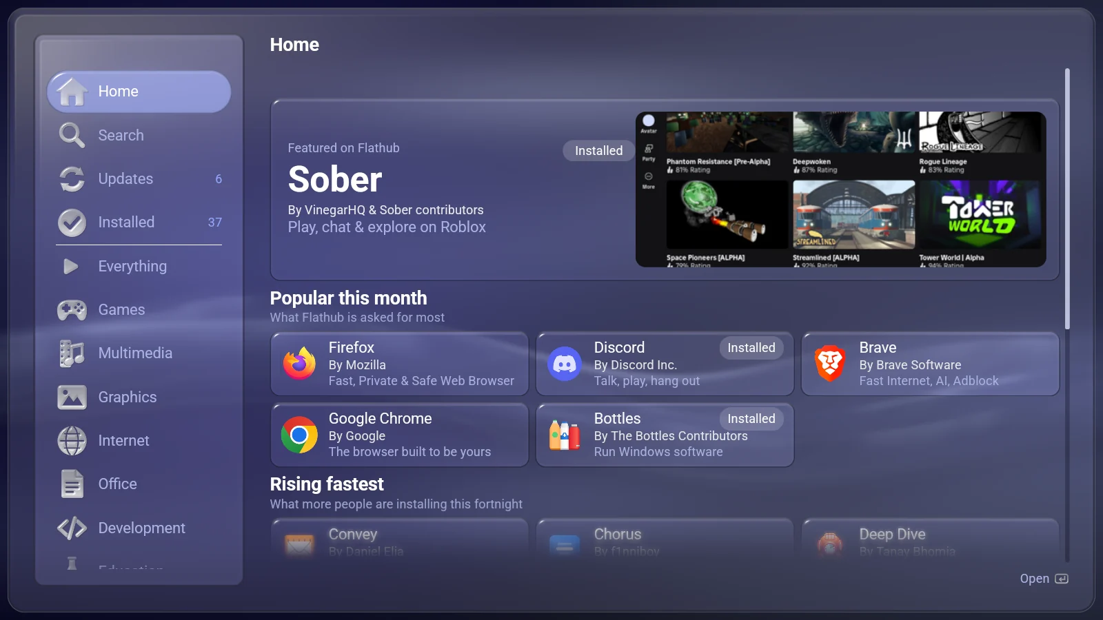 Software Hub's Home page with a featured application and popular apps from Flathub