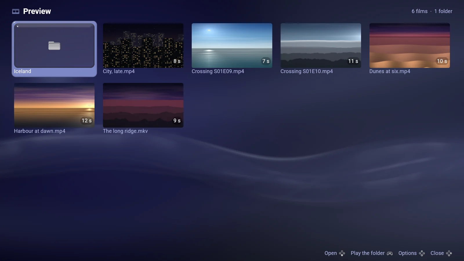 Videonsole's folder of films shown as cards with a frame from each